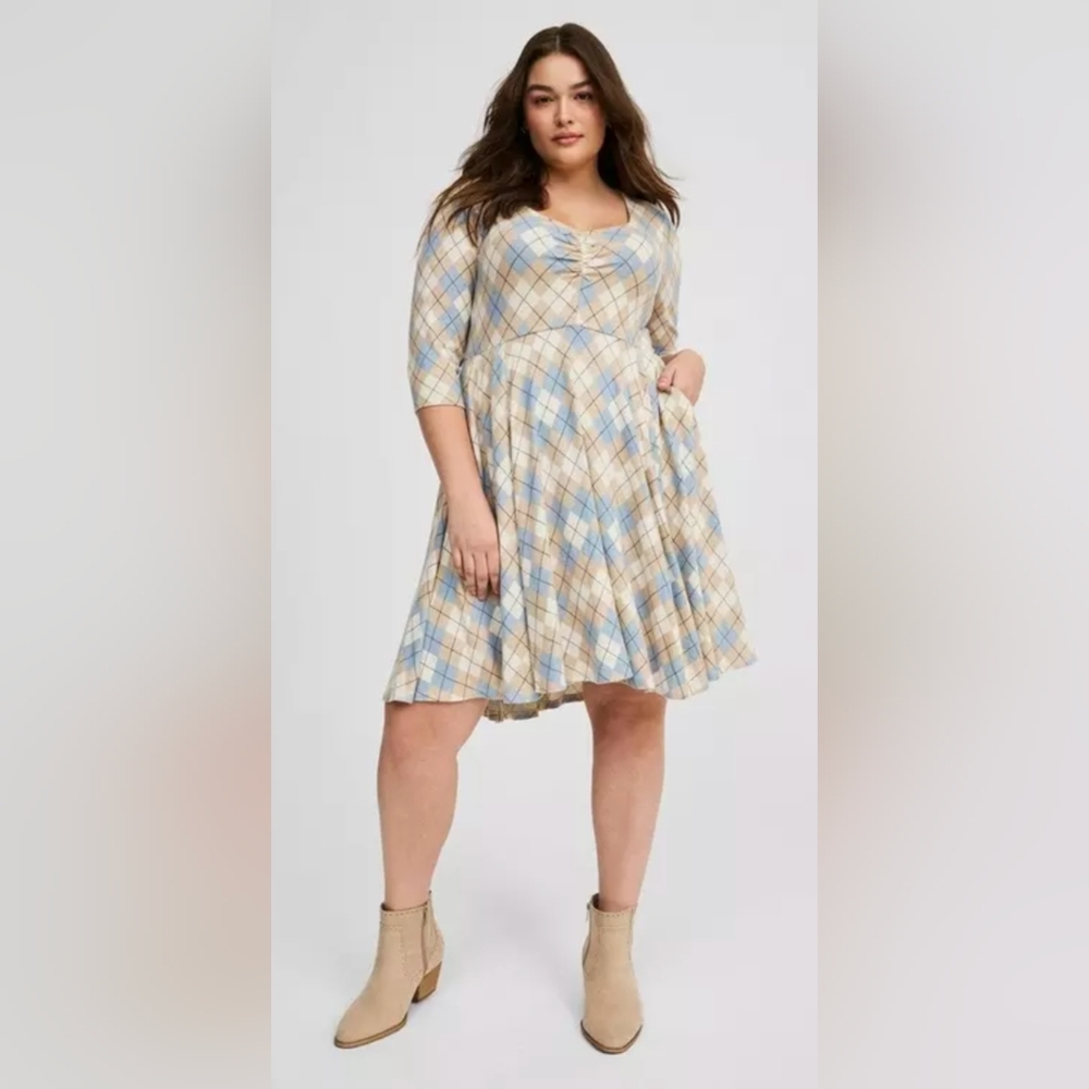 Torrid Super Soft Plush Blue Tan Plaid Skater Midi Dress Pockets 3X 22 24